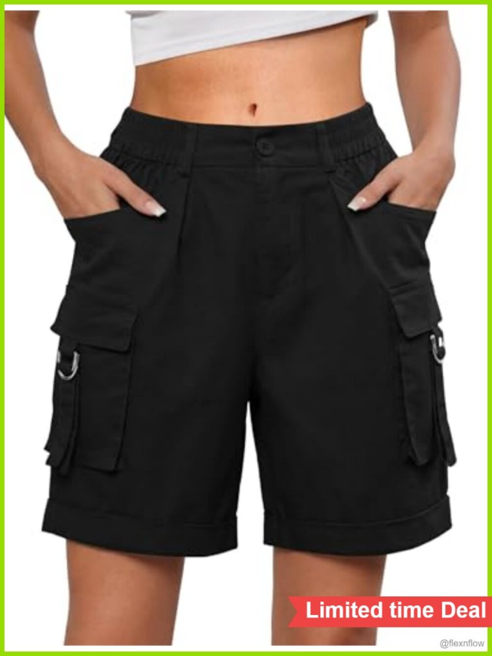 Cargo Bermuda Shorts High Waisted Cotton 7 Inch Inseam 6 Pocket Knee Length